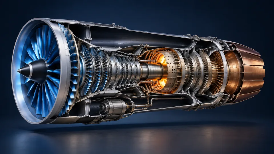 Illustrative turbofan cutaway showing the fan, compressor and combustor